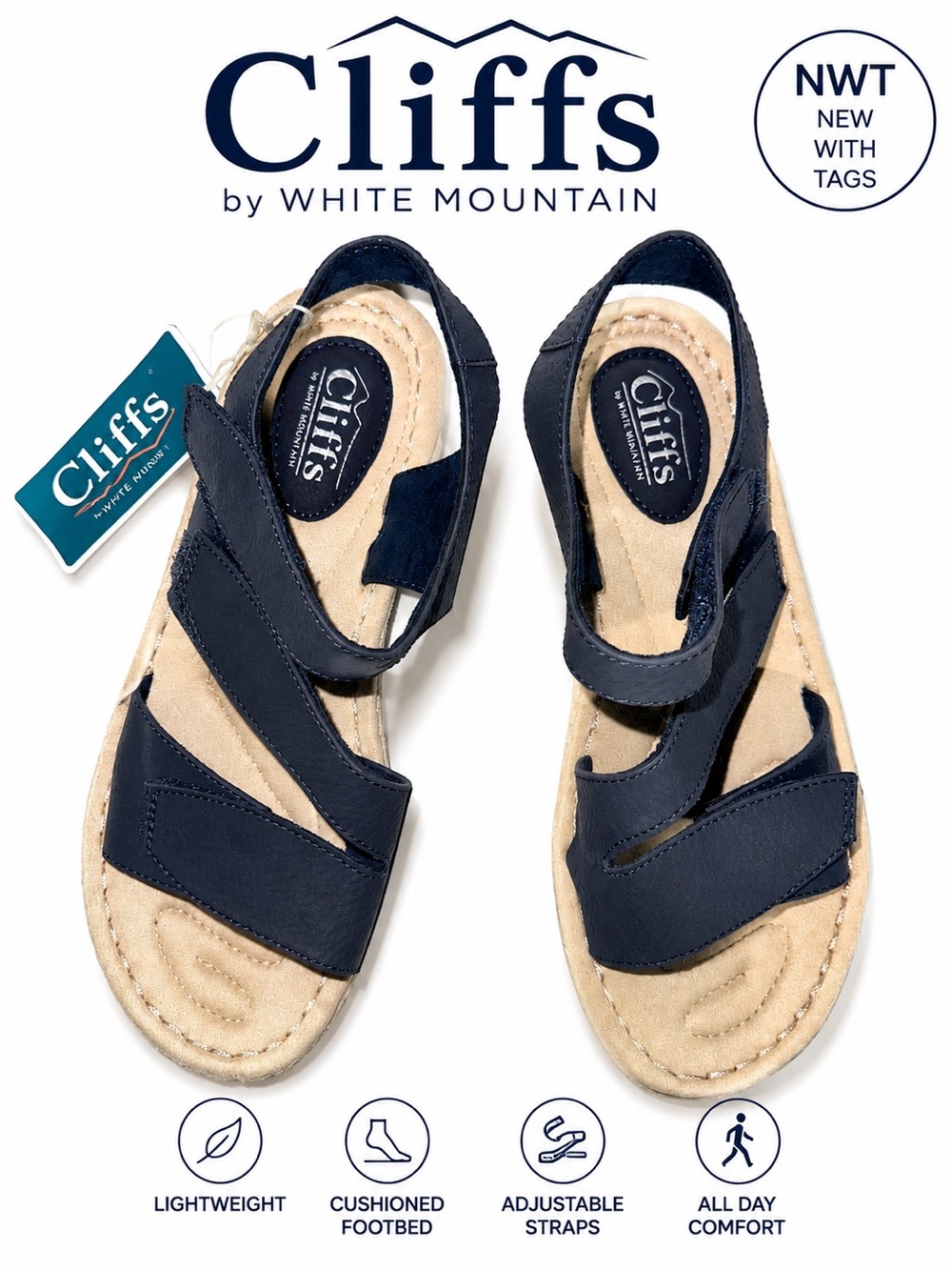 NWT Cliffs by White Mountain Calibre Navy Comfort Sandals Women’s 9.5M